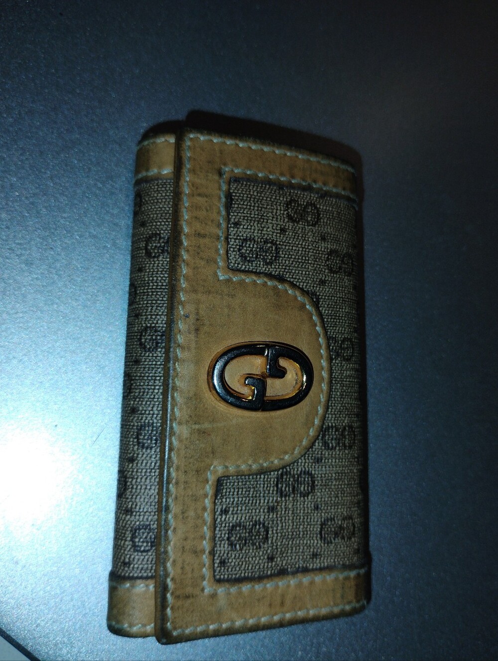 Gucci Brown Monogram Key Holder with Gold GG Emblem